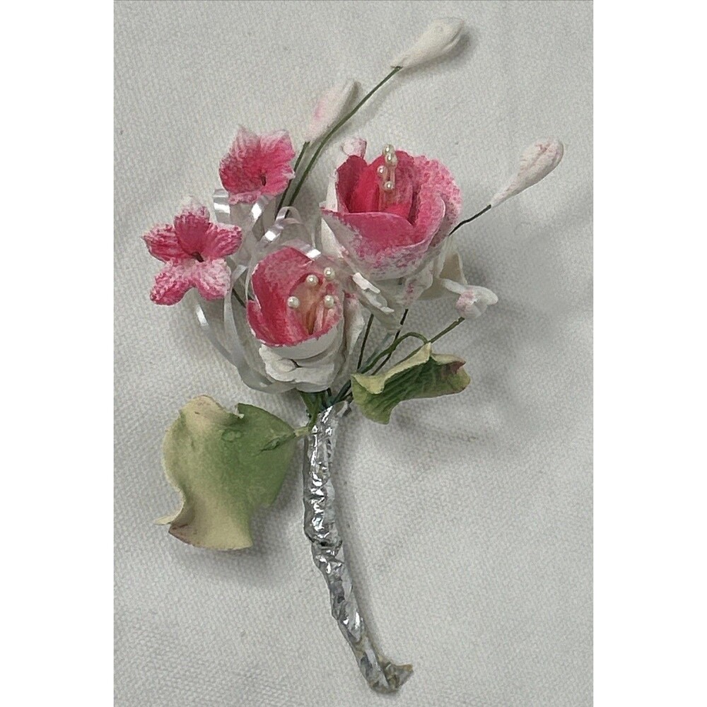 Flowers on Wire Wedding Corsage boutineer Pink Handcrafted plaster keepsake